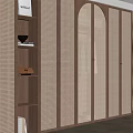 Modern Wardrobe Interior Design With Wooden Frame Rattan Doors Open Shelves And Built-in Lighting