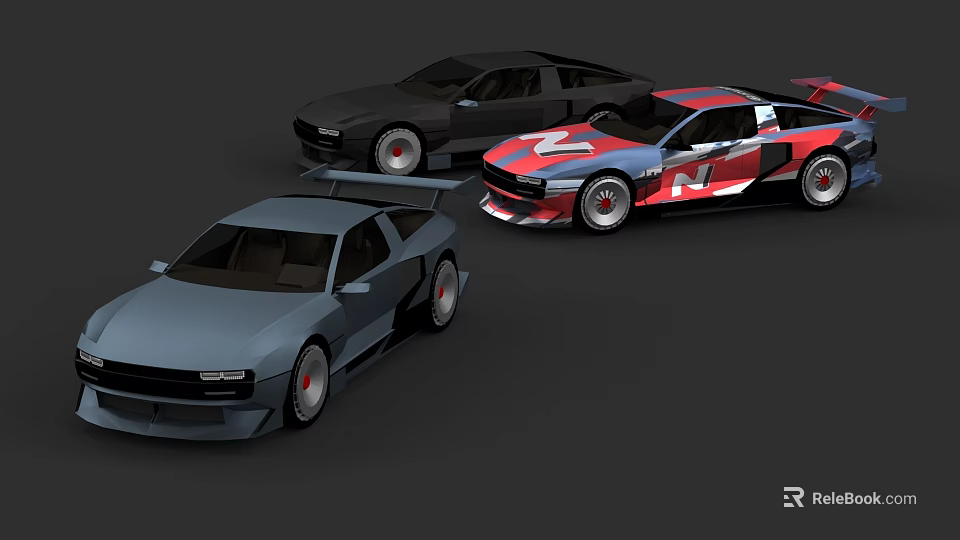 Sporty Racing Cars In Black Gray And Red With Rear Spoilers And Patterns 3d model 