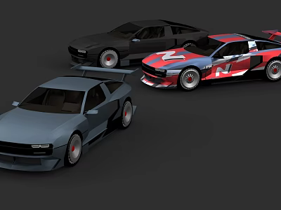 Sporty Racing Cars In Black Gray And Red With Rear Spoilers And Patterns 3d model