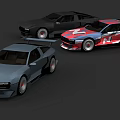 Sporty Racing Cars In Black Gray And Red With Rear Spoilers And Patterns