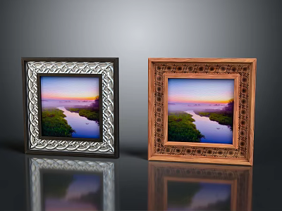 Ornate Black And Carved Wooden Picture Frames With Sunset River And Green Landscape 3d model