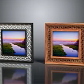Ornate Black And Carved Wooden Picture Frames With Sunset River And Green Landscape