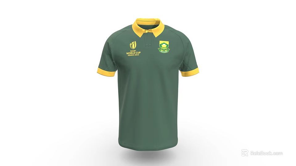 Green Polo Shirt With Yellow Collar Cuffs And Rugby World Cup Chest Badge 3d model 