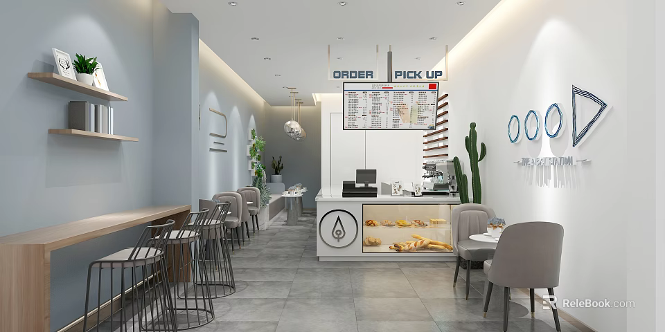 Modern Milk Tea Shop Interior With Order Pick Up Counter Pastry Display And Seating Area 3d model 
