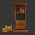 Wooden Brown Bookcase With Shelves Books And Drawer Near Fragile Boxes Toy Car On Carpet