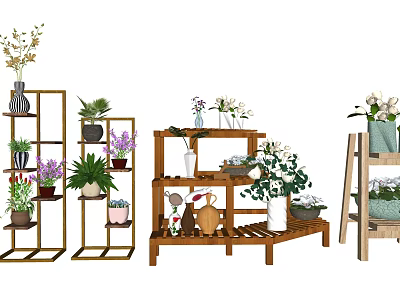 Creative Garden Decor With Wooden And Metal Plant Stands Potted Plants And Vases 3d model