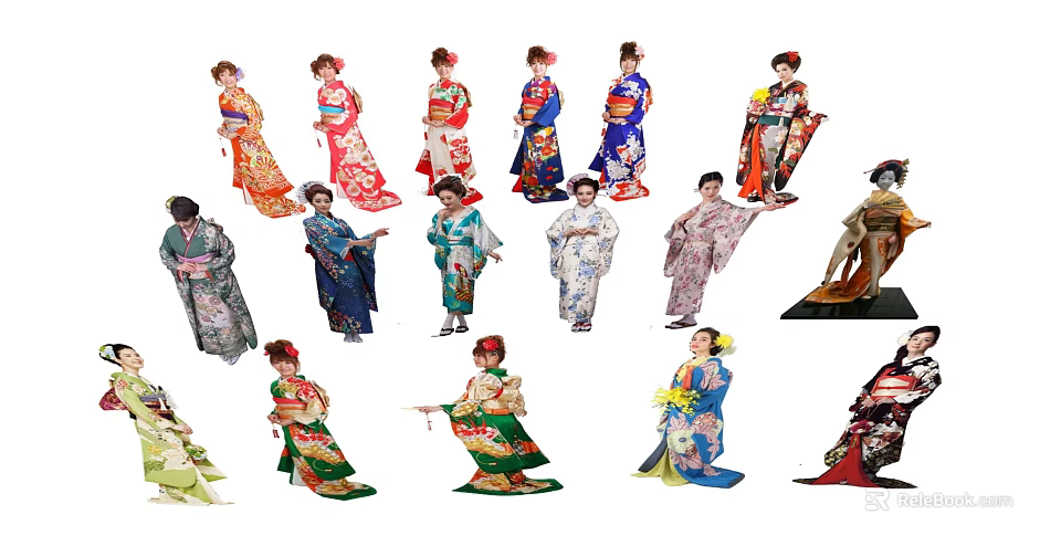Group of Women Wearing Traditional Kimono With Various Colors and Patterns 3d model 