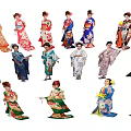 Group of Women Wearing Traditional Kimono With Various Colors and Patterns