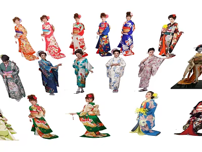 Group of Women Wearing Traditional Kimono With Various Colors and Patterns 3d model