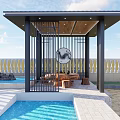 Modern Outdoor Pavilion With Black Slatted Screens Sloped Roof And Wooden Furniture By Swimming Pool