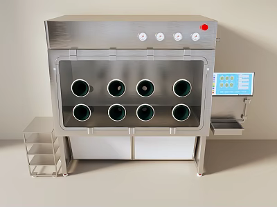 Stainless Steel Medical Equipment With Multiple Circular Ports And Control Panel Display Screen 3d model