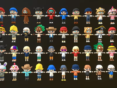 Colorful Cartoon Characters With Various Clothing Hats And Expressive Faces 3d model