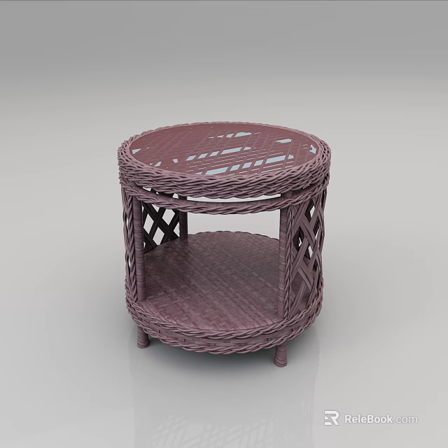 Rattan Round Side Table With Classic Woven Design And Lower Storage Shelf 3d model