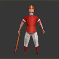 3D Model Baseball Player Character In Red Jersey White Pants And Orange Cap With Bat 3d model