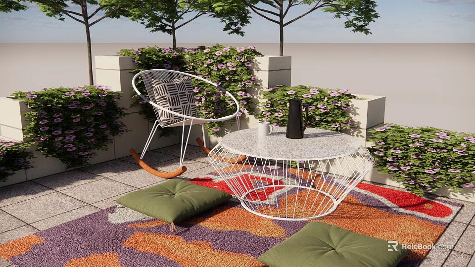 Cozy Outdoor Patio With White Metal Rocker Chair Table Green Plants Colorful Rug And Cushions 3d model 