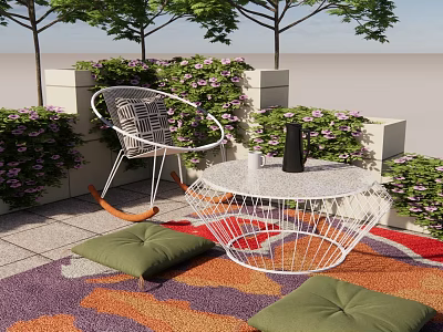 Cozy Outdoor Patio With White Metal Rocker Chair Table Green Plants Colorful Rug And Cushions 3d model