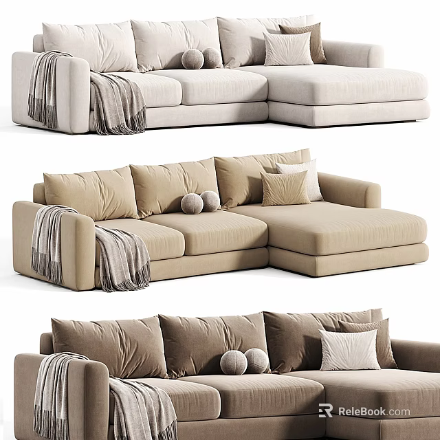 Sectional Sofa with Pillows and Throw Blanket in Modern Style various tones 3d model 