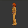 Woman in Orange Flared Pantsuit with Red Curly Hair Posing on Gray Background