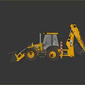 Yellow Backhoe Loader With Front Loader Bucket And Rear Excavator Arm