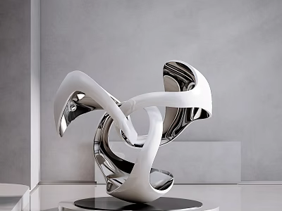 Modern Abstract Sculpture With Flowing Form White Silver Metallic Finish On Black Base 3d model
