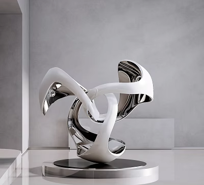 Modern Abstract Sculpture With Flowing Form White Silver Metallic Finish On Black Base 3d model