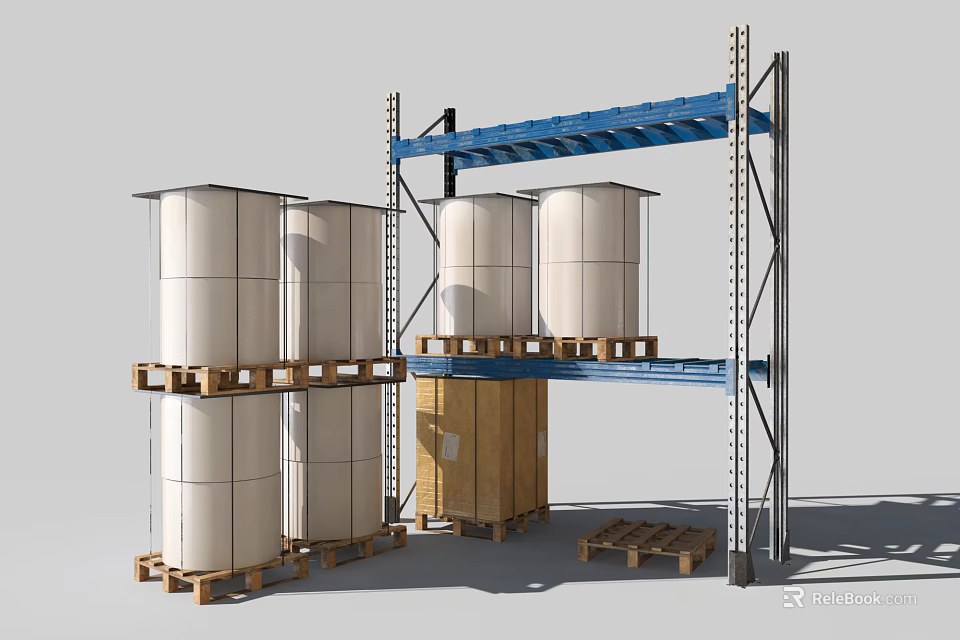 Blue Multi Tier Heavy Duty Storage Rack Holding White Rolls On Wooden Pallets 3d model 