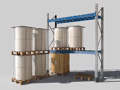 Blue Multi Tier Heavy Duty Storage Rack Holding White Rolls On Wooden Pallets 3d model