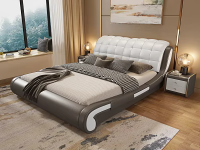 Modern Bedroom with Upholstered Bed Pillows Blanket Side Tables Lamps and Wall Art 3d model