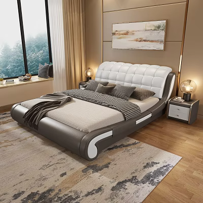 Modern Bedroom with Upholstered Bed Pillows Blanket Side Tables Lamps and Wall Art 3d model