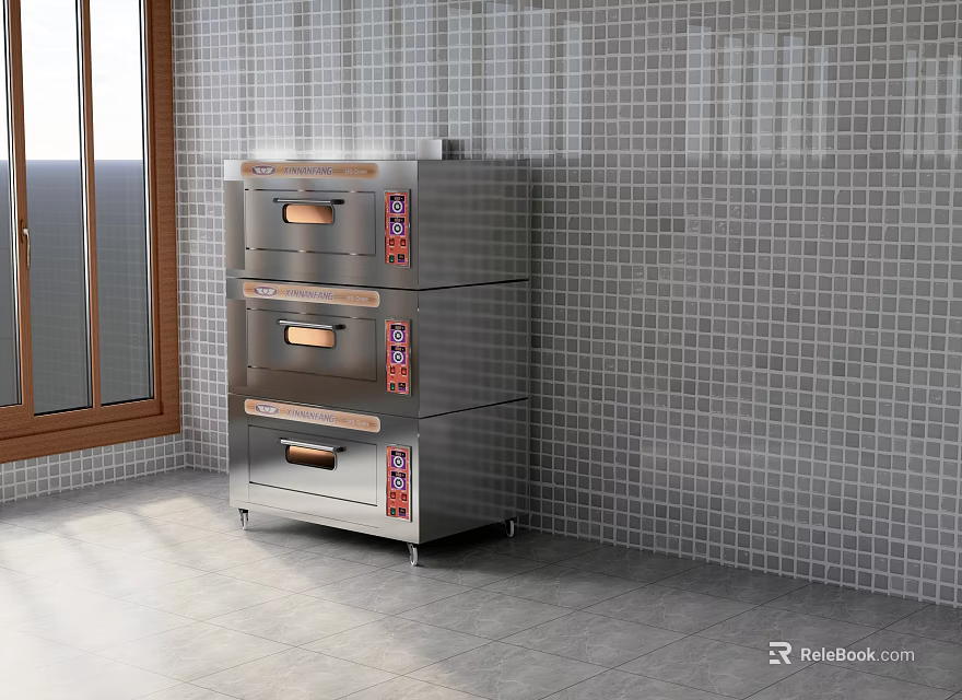 Canteen Interior With Stainless Steel Three Layer Oven Tile Wall And Window 3d model 