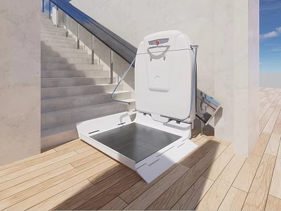 Outdoor Wheelchair Lift Attached to Staircase With Wooden Deck and White Metal Frame 3d model