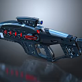 Futuristic Sci-Fi Weapon Featuring Black Body Red Blue Accents Mechanical Design and Advanced Components