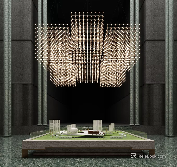 Commercial Equipment Including Elongated Pendant Chandelier and Architectural Model Display Stand in Dark Interior 3d model 