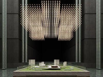 Commercial Equipment Including Elongated Pendant Chandelier and Architectural Model Display Stand in Dark Interior 3d model