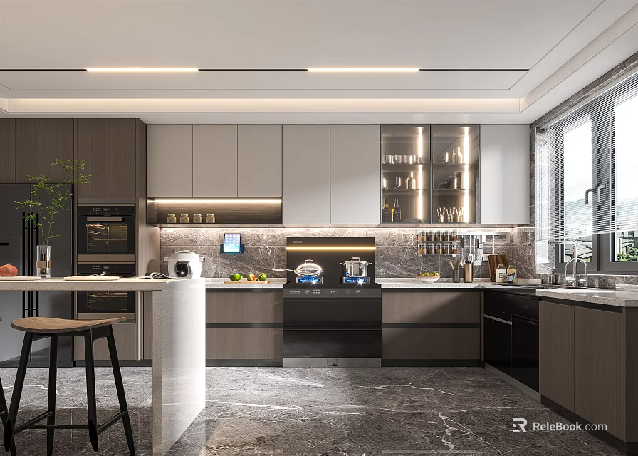 Modern Kitchen Interior Design With Marble Countertop Island Cabinets And Window Lighting 3d model 