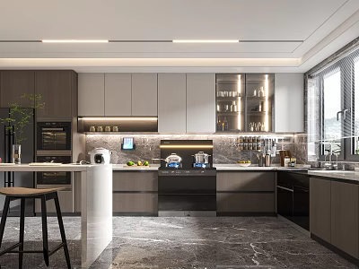 Modern Kitchen Interior Design With Marble Countertop Island Cabinets And Window Lighting 3d model