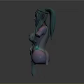 3D Female Bust Model With Green Hair Pointed Ears Purple Skin And Armor On Pedestal