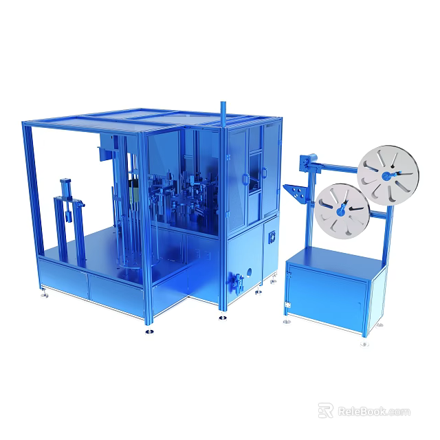 Blue Automated Industrial Machine With Transparent Enclosure And Roller System 3d model