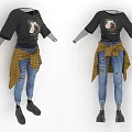 Trendy Black T Shirt Gray Sleeves Yellow Plaid Shirt Tied Blue Ripped Jeans Black Shoes