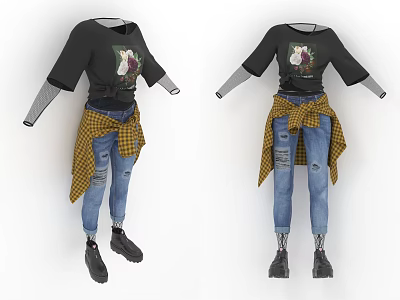Fashion Women's Ripped Jeans T-shirt Fishing Net Thick Bottom Boots Clothing suit Women's Clothing 3d model