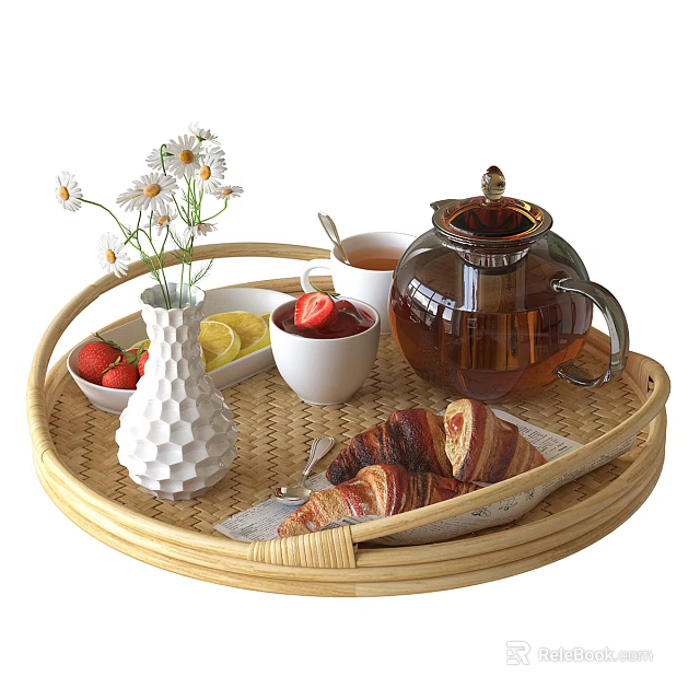 Delicious Breakfast Arrangement on Bamboo Tray with Teapot Teacup Strawberries Lemon Slices and Croissants 3d model 