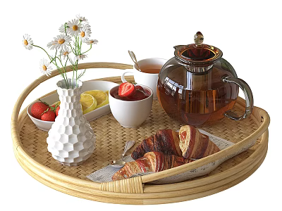 Delicious Breakfast Arrangement on Bamboo Tray with Teapot Teacup Strawberries Lemon Slices and Croissants 3d model