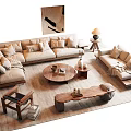 Cozy Beige Fabric Sofa And Wooden Coffee Table Set With Pillows Rug And Floor Lamp