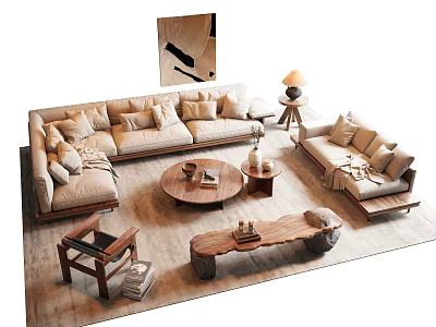 Cozy Beige Fabric Sofa And Wooden Coffee Table Set With Pillows Rug And Floor Lamp 3d model
