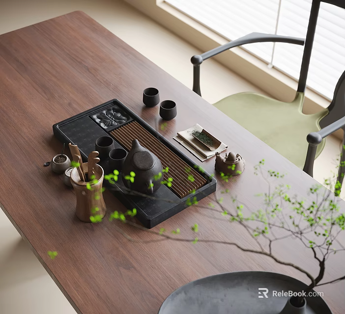 Elegant Modern Tea Set with Black Tray Teapot Cups on Wooden Table and Green Plants 3d model 