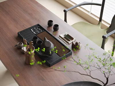 Elegant Modern Tea Set with Black Tray Teapot Cups on Wooden Table and Green Plants 3d model