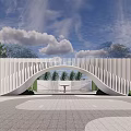 Garden Landscape With Circular Fountain White Vertical Slatted Wall Green Trees And Blue Sky
