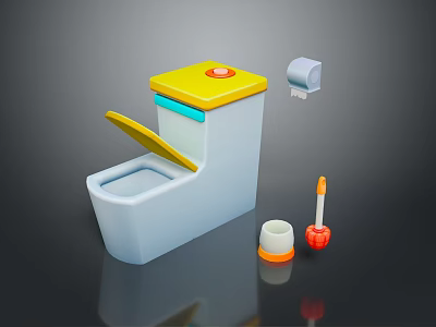 Colorful Bathroom Toilet Accessories with Yellow Lid Brush and Toilet Paper Roll 3d model