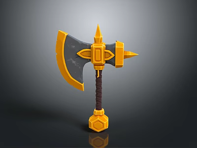 Fantasy Axe Design With Yellow And Gray Blade Sharp Top And Brown Handle 3d model