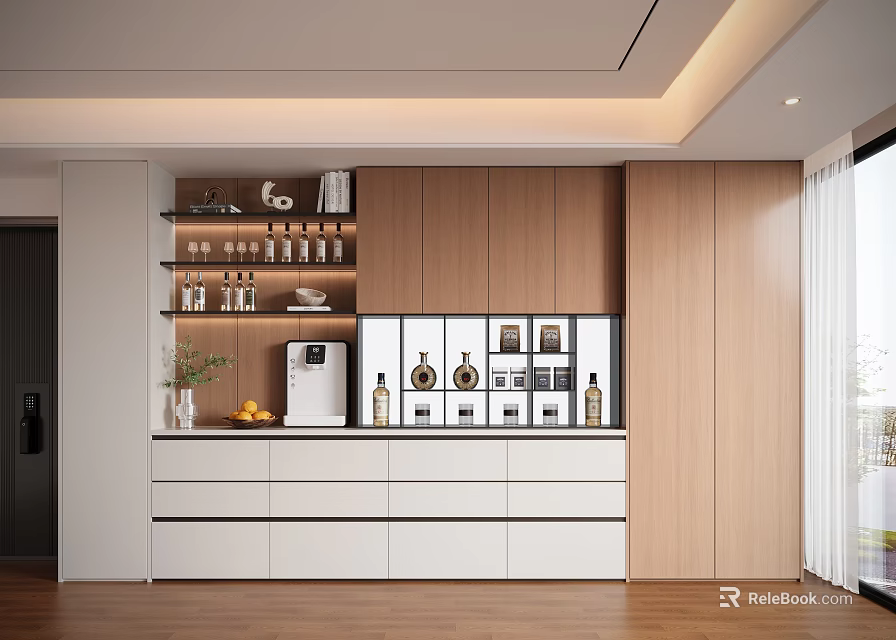 Modern Decorative Cabinet With Wooden And White Finish Open Shelves Closed Compartments And Decorative Items 3d model 